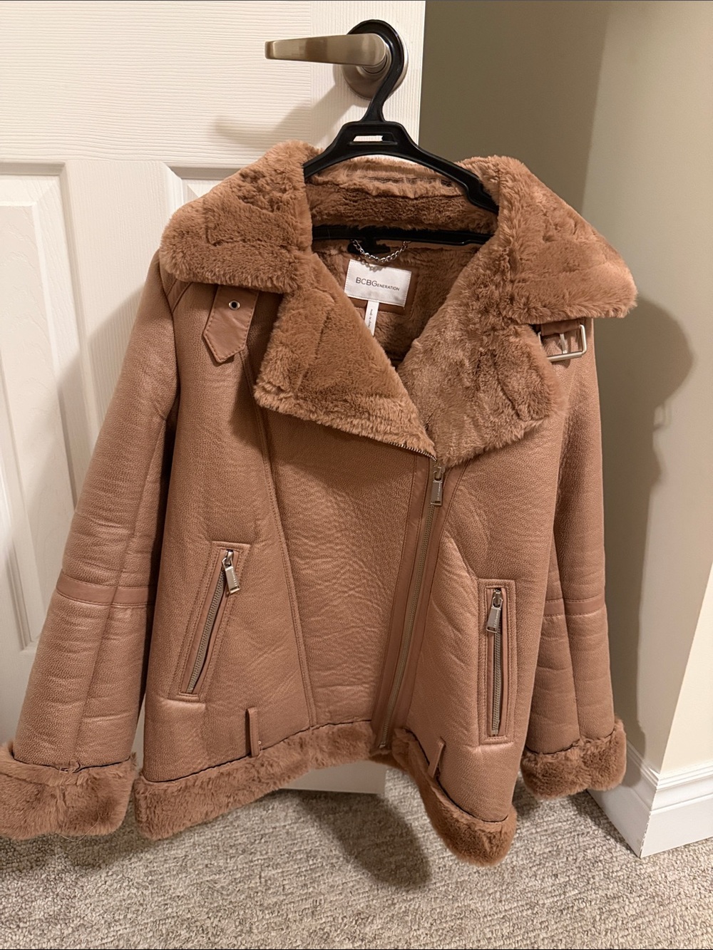 BCBGMaxAzria Camel Tan Faux-Shearling Moto Jacket - Picture 1 of 5